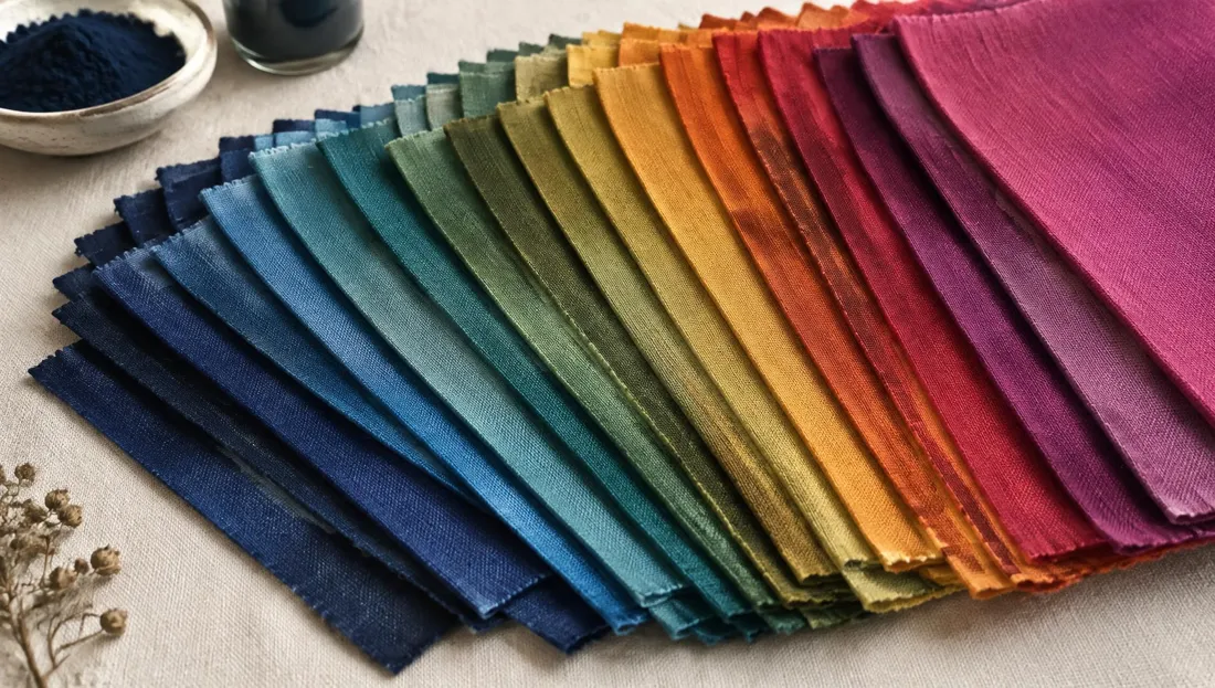 Campioni di tessuto tinti da ColorSystem disposti in gradiente cromatico