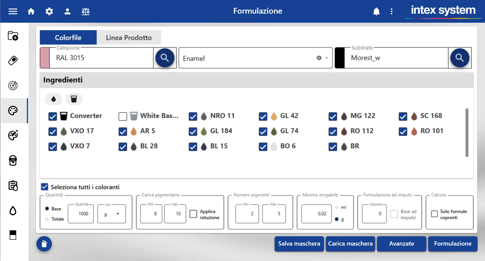 ChromaLab, schermata Formulazione