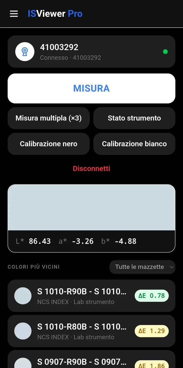 ISViewer Pro, schermata Misura da colorimetro